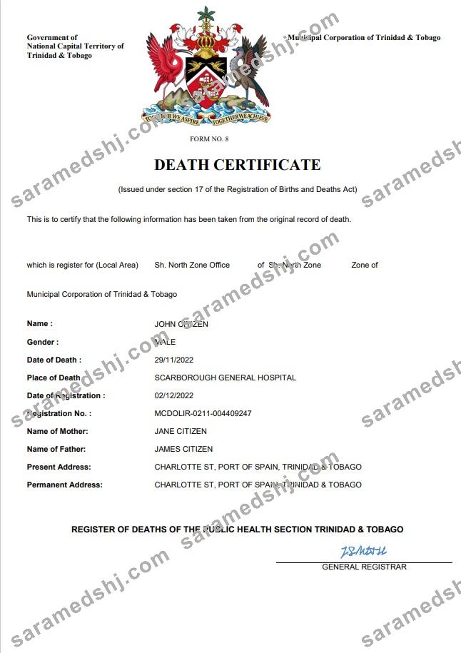 Trinidad and Tobago death certificate Word and PDF template